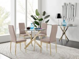 FurnitureboxUK Novara 100cm Round Tempered Glass Dining Table with Gold Legs & 4 Milan Faux Leather Chairs in Beige