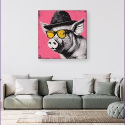 Warren Reed - Designer Pig In A Hat & Glasses Canvas - Size: w40 inch x h40 inch - thumbnail 1