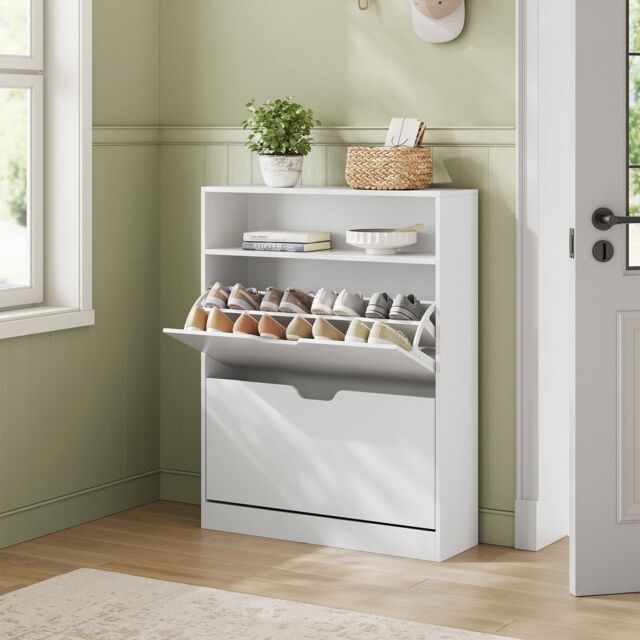 VASAGLE Wide Shoe Cabinet with 2 Flip Doors & 3 Tier Rack in White - image 1