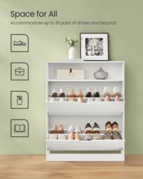 VASAGLE Wide Shoe Cabinet with 2 Flip Doors & 3 Tier Rack in White - thumbnail 5