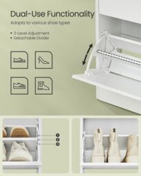 VASAGLE Wide Shoe Cabinet with 2 Flip Doors & 3 Tier Rack in White - thumbnail 6