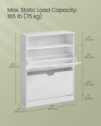 VASAGLE Wide Shoe Cabinet with 2 Flip Doors & 3 Tier Rack in White - thumbnail 3