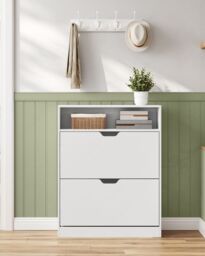 VASAGLE Wide Shoe Cabinet with 2 Flip Doors & 3 Tier Rack in White - thumbnail 2