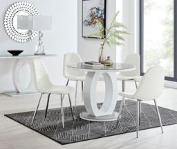 FurnitureboxUK Giovani Round 4 Seat 100cm White High Gloss Halo Base Grey Glass Top Dining Table 4 Soft Faux Leather Silver Leg Corona Chairs