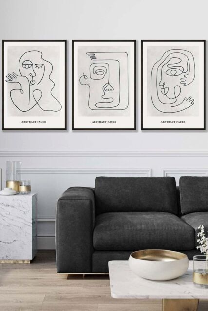 ARTZE Set of 3 Black Framed Grey Abstract Line Art Faces Wall Art in Light Grey - Size: W33 cm x H45 cm x D20mm - image 1