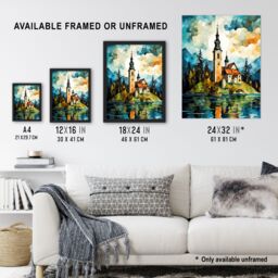 Artery8 Lake Bled Vibrant Artwork 17th Century Church On Slovenia Island Reflecting On Turquoise Water Unframed Wall Art Print Poster Home Decor - thumbnail 3