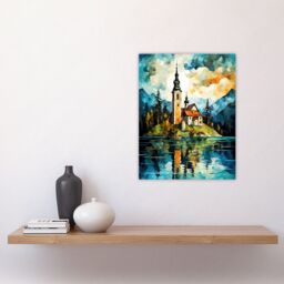 Artery8 Lake Bled Vibrant Artwork 17th Century Church On Slovenia Island Reflecting On Turquoise Water Unframed Wall Art Print Poster Home Decor - thumbnail 4
