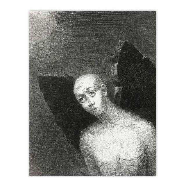 "Artery8 Fallen Angel Spreads Black Wings Redon Vintage Wall Art Print Poster in Grey - Size: W24"" x H32""" - image 1