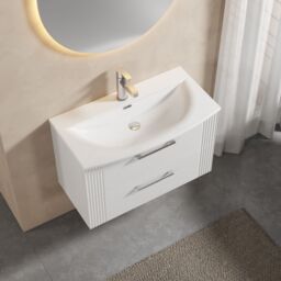 Balterley Wall Hung 2 Drawers Vanity Unit - Curved Basin 800mm, Satin White - thumbnail 3