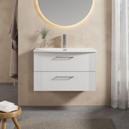 Balterley Wall Hung 2 Drawers Vanity Unit - Curved Basin 800mm, Satin White - thumbnail 2