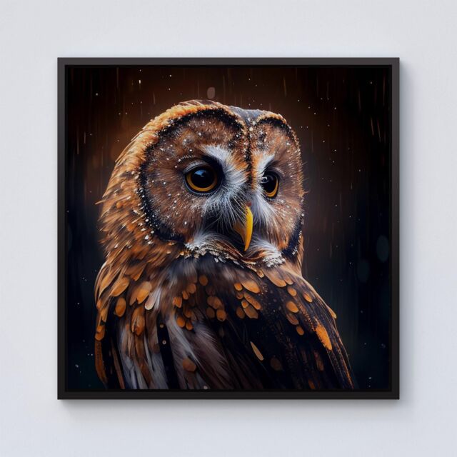 "Warren Reed - Designer Tawny Owl Face Splashart Dark Background Framed Canvas in Black - Size: W16"" x H16""" - image 1