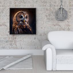 "Warren Reed - Designer Tawny Owl Face Splashart Dark Background Framed Canvas in Black - Size: W16"" x H16""" - thumbnail 2