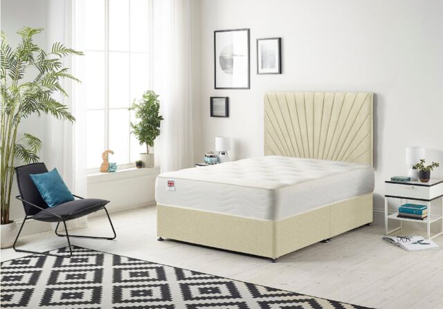 Somnior Platinum Ortho Sprung Memory Foam Mattress with Divan Bed with Headboard Linen Fabric in Cream - Size: Small Single - image 1