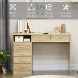 HOMCOM Computer Desk Writing Desk with Five Drawers for Home Office Oak in Brown - thumbnail 6