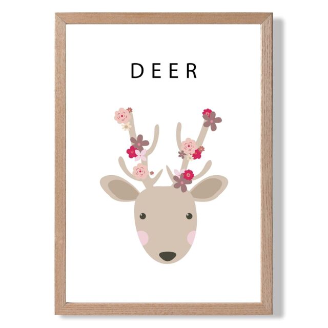 ARTZE Cute Pink Floral Deer Framed Print SIZE: A2 with Oak Frame - Size: A4 - image 1