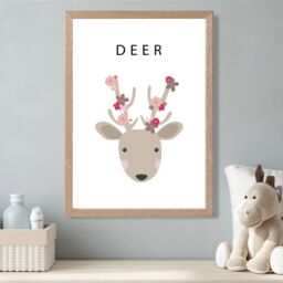 ARTZE Cute Pink Floral Deer Framed Print SIZE: A2 with Oak Frame - Size: A4 - thumbnail 2