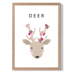 ARTZE Cute Pink Floral Deer Framed Print SIZE: A2 with Oak Frame - Size: A4