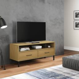Berkfield Home TV Cabinet with Metal Legs Brown Solid Wood Pine OSLO in Light Brown - thumbnail 2