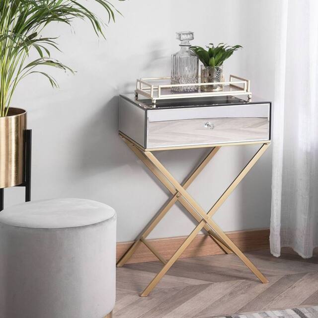 Wyld and Coco Side Table Silver Mirrored Top Gold Legs 50 x 40 cm Drawer - image 1