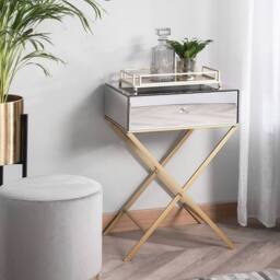 Wyld and Coco Side Table Silver Mirrored Top Gold Legs 50 x 40 cm Drawer - thumbnail 1