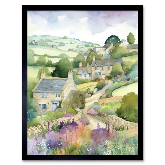 "Artery8 Wall Art Print Countryside Spring Landscape with Cottages Modern Watercolour Painting Art Framed in Black - Size: W12"" x H16""" - image 1