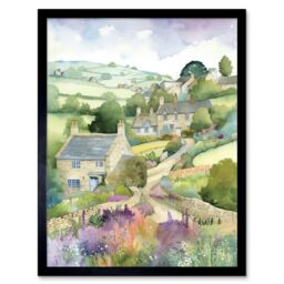 "Artery8 Wall Art Print Countryside Spring Landscape with Cottages Modern Watercolour Painting Art Framed in Black - Size: W12"" x H16""" - thumbnail 1