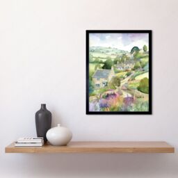 "Artery8 Wall Art Print Countryside Spring Landscape with Cottages Modern Watercolour Painting Art Framed in Black - Size: W12"" x H16""" - thumbnail 2