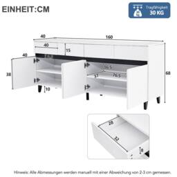 BTM Storage cabinet sideboard with drawers doors & adjustable shelves in White - thumbnail 5