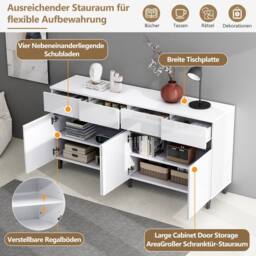 BTM Storage cabinet sideboard with drawers doors & adjustable shelves in White - thumbnail 7