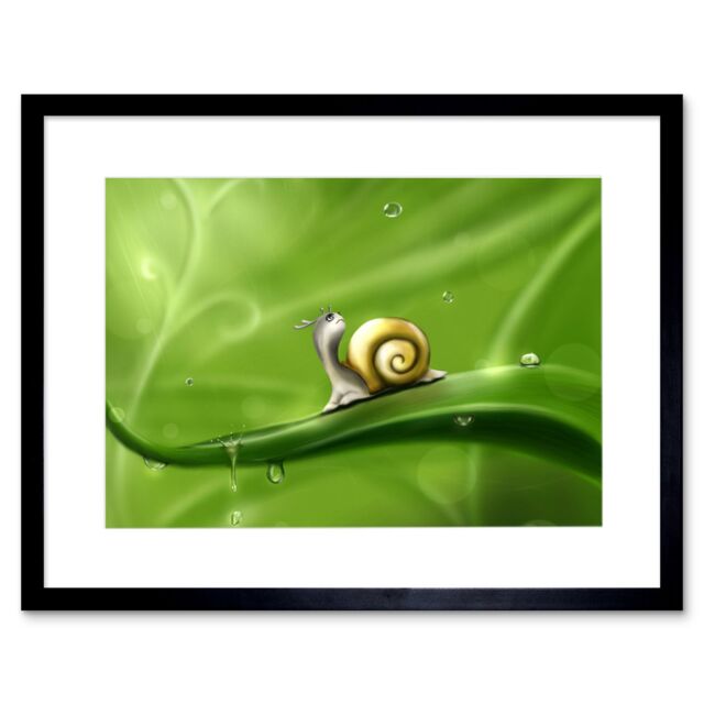 "Artery8 Wall Art Print Cute Snail Rain Art Black Framed 9x7 inch - Size: W7"" x H9""" - image 1
