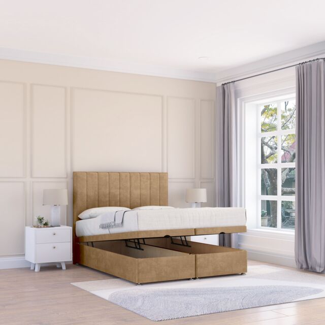 Sloomy Kansas Dumfries Fabric Ottoman Bed End Opening With Sprung Memory Mattress & 26 Inch strut Headboard in Light Beige - Size: Small Double - image 1