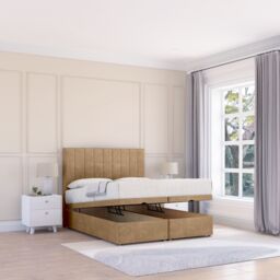 Sloomy Kansas Dumfries Fabric Ottoman Bed End Opening With Sprung Memory Mattress & 26 Inch strut Headboard in Light Beige - Size: Small Double - thumbnail 1