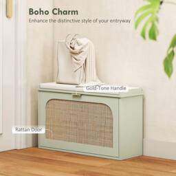 KORVIXA Green Boho Shoe Bench with Seat Cushion, Flip-Drawer & Rattan Door in Light Green - Size: 100 cm x 100 cm - thumbnail 4