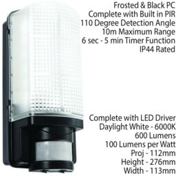 Loops BLACK IP44 Outdoor Wall Bulkhead Light & 10m PIR Motion Sensor 6W Daylight LED - thumbnail 2