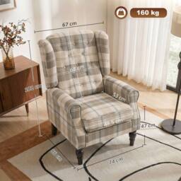 HOMCOM Accent Chair Wingback Armchair Retro Tufted, Khaki Plaid - thumbnail 3