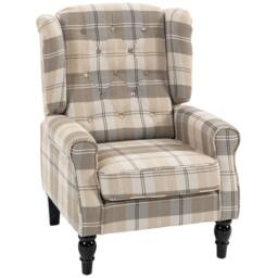 HOMCOM Accent Chair Wingback Armchair Retro Tufted, Khaki Plaid - thumbnail 2