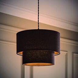 ValueLights Jodie Linen Two Tier Easy Fit Drum Ceiling Light Lamp Shade with Bulb in Black - thumbnail 3