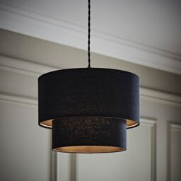 ValueLights Jodie Linen Two Tier Easy Fit Drum Ceiling Light Lamp Shade with Bulb in Black - thumbnail 1