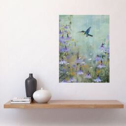 "Artery8 Wall Art Print Bluebell Hummingbird Pastel Painting Nectar Flowers Field Oil Painting Colour Artwork Poster in Blue - Size: W12"" x H16""" - thumbnail 2