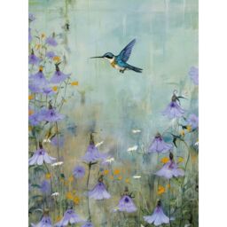 "Artery8 Wall Art Print Bluebell Hummingbird Pastel Painting Nectar Flowers Field Oil Painting Colour Artwork Poster in Blue - Size: W12"" x H16""" - thumbnail 1
