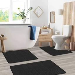 Kelvenix Black 3 x Memory Foam Bath Mat Extra Soft Non-Slip - thumbnail 4
