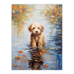 Artery8 Brown Cockapoo & Autumn Leaves In Lake Claude Monet Style Dog Oil Painting Unframed Wall Art Print Poster Home Decor Premium - thumbnail 1