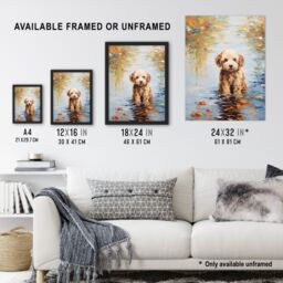 Artery8 Brown Cockapoo & Autumn Leaves In Lake Claude Monet Style Dog Oil Painting Unframed Wall Art Print Poster Home Decor Premium - thumbnail 3