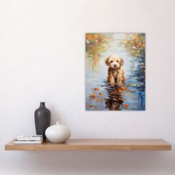 Artery8 Brown Cockapoo & Autumn Leaves In Lake Claude Monet Style Dog Oil Painting Unframed Wall Art Print Poster Home Decor Premium - thumbnail 4
