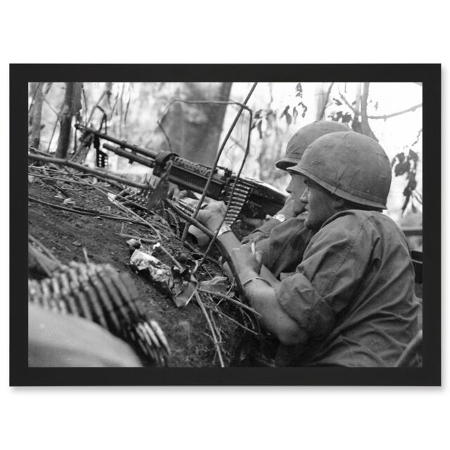 Artery8 War Vietnam USA GI Soldiers M60 Machine Gun 1966 Photo Artwork Framed Wall Art Print A4 in Black - image 1