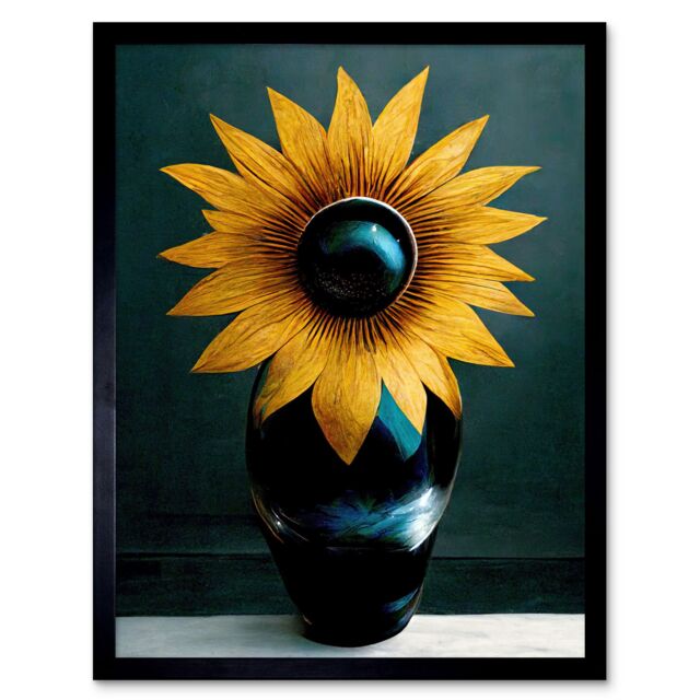 "Artery8 Wall Art Print Modern Bright Single Yellow Black Sunflower In Vase Art Framed - Size: W12"" x H16""" - image 1