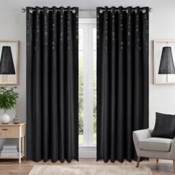Luxury Living Triple Woven Blackout Velvet Diamante Ring Top Curtains in Black - Size: 167 cm width x 137 cm drop - thumbnail 1