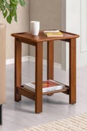 MH London Solid Mango Wood Side Table, Bedside End Table with 2-Tier Storage for Living Room & Bedroom - Santorini in Walnut