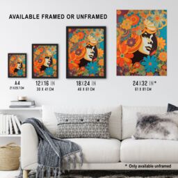 "Artery8 Wall Art Print Flower Portrait Retro Orange & Blue Abstract Portrait Vibrant Bold Bright Colourful Painting Poster - Size: W24"" x H32""" - thumbnail 3