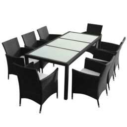 Berkfield Home 9 Piece Outdoor Dining Set with Cushions Poly Rattan Black - thumbnail 2